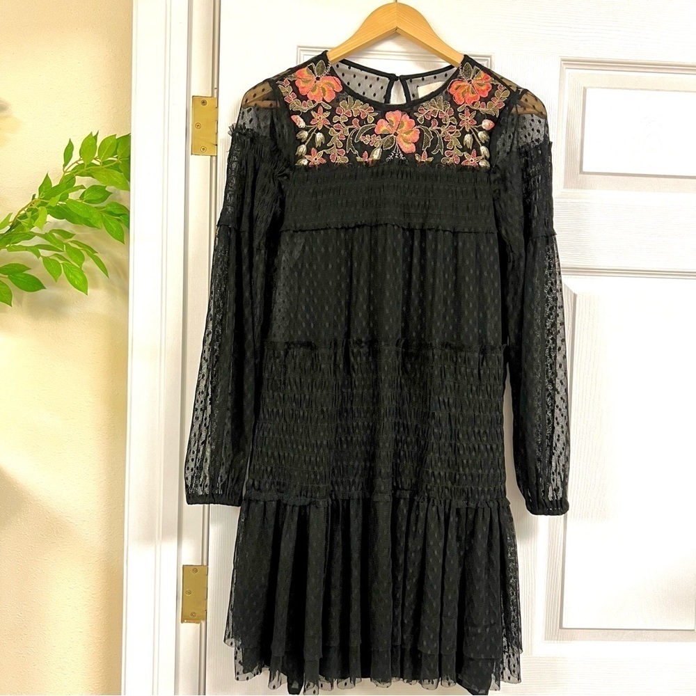 Maeve Anthropologie Womens Black Samara Mesh lace Floral ruffles Dress S boho - Picture 2 of 11